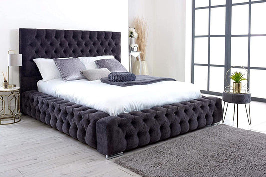 The Mayfair Upholstered Plush Velvet Button Bed Frame-Esme Furnishings