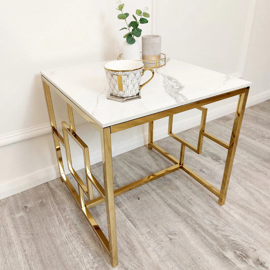 Geo Gold Lamp Table with Polar White Sintered Top - AR Furnishings